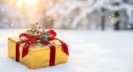 Golden Christmas gift box with red ribbon and pine cone on snowy background