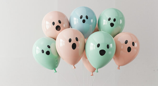 Colorful balloons shaped like ghosts surprised in playful arrangement  