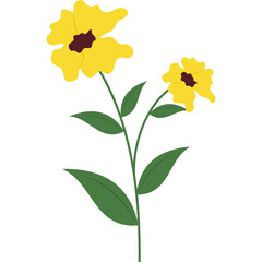 Two Yellow Flowers with Green Stems and Leaves on a Transparent Background Simple Vector Illustration