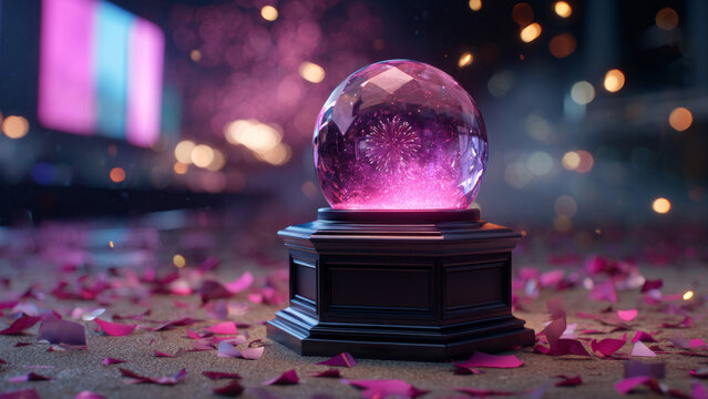 Magical crystal ball on a pedestal with glowing purple fireworks inside. Festive light background with bokeh and confetti for Christmas.