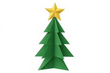Origami christmas tree with golden star on top, festive paper art for winter holidays and celebrations