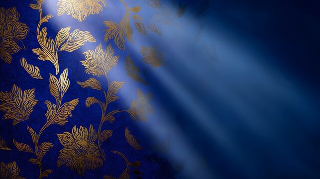 Ornate gold floral pattern overlays a deep blue background illuminated by diagonal light rays
