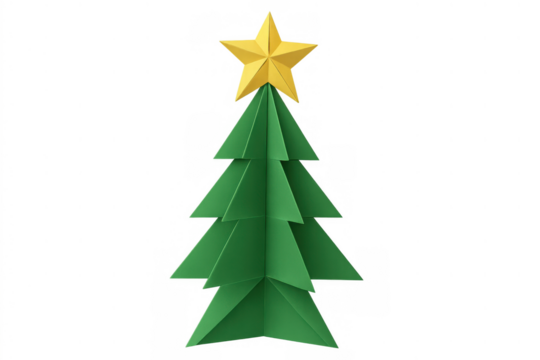 Origami christmas tree with golden star on top, festive paper art for winter holidays and celebrations