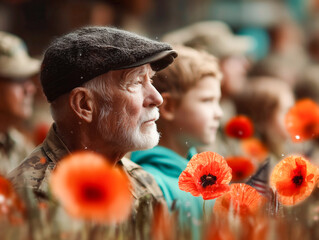 Veteran Portrait among Red Poppies, Memorial Ceremony Crowd, Veterans Day USA
