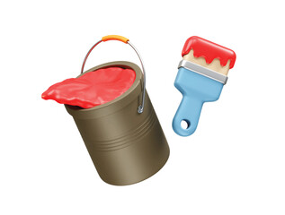 Paint Bucket and Brush with Red Paint icon render 3d illustration