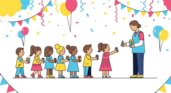 Illustration of a diverse group of children receiving gifts from an adult under colorful party decorations with balloons and confetti. - Powered by Adobe