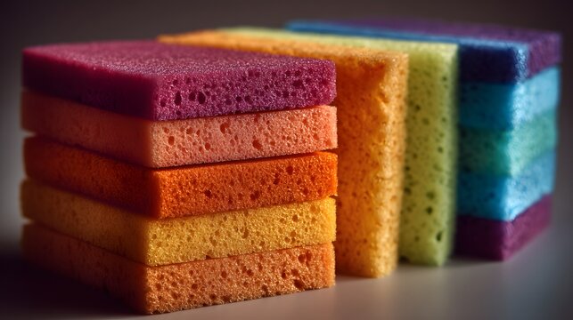 Stacked rectangular cleaning sponges display a vibrant array of contrasting colors