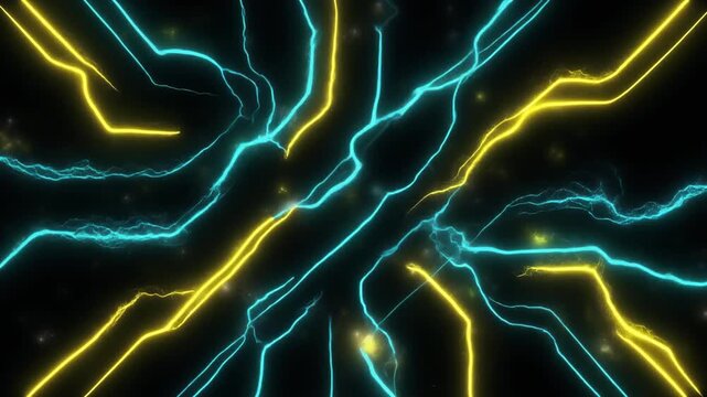 Abstract Glowing Yellow and Cyan Energy Lines on Dark Background. HD 1080