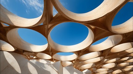 Intricate wooden lattice structure features circular openings against a bright blue sky