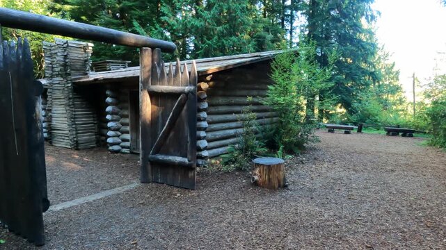 A view of the reconstructed log barracks building, which served as the living quarters for members of the Corps of Discovery at Fort Clatsop
