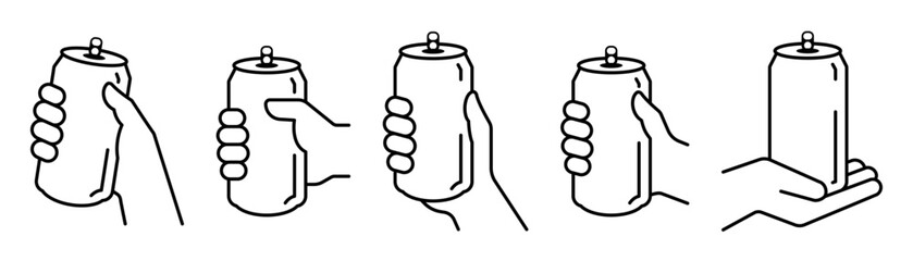Hand holding soda can icon set vector in thin line and flat style with editable stroke on white background. Dented soda cans. Soda can logo, label, badge, hipster, style, premium, bar brand symbol.
