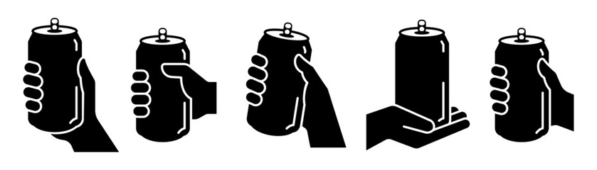 Hand holding soda can icon set vector in thin line and flat style with editable stroke on white background. Dented soda cans. Soda can logo, label, badge, hipster, style, premium, bar brand symbol.