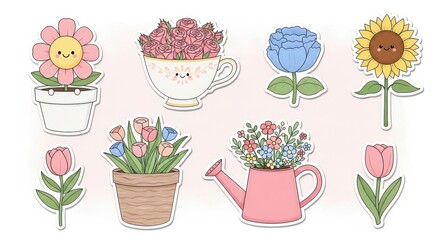 Assorted cute cartoon flowers and plants in pots and watering can