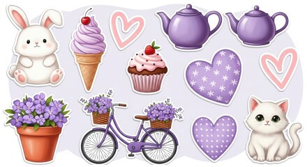 Cute purple cartoon elements for spring and easter celebration