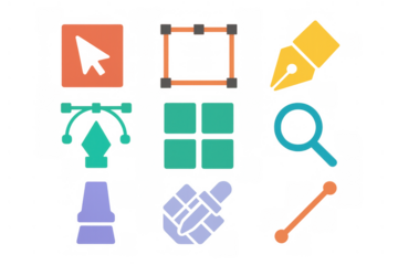 Vector icons representing various graphic design tools including pen, cursor, selection, zoom, and shape creation