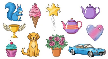 Assorted cartoon objects squirrel, ice cream, trophy, dog, car