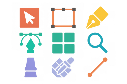 Vector icons representing various graphic design tools including pen, cursor, selection, zoom, and shape creation