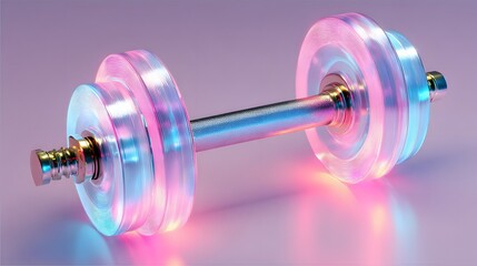 Illuminated weightlifting equipment rests on a smooth surface with vibrant neon glow