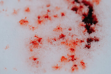  red stain on a snowy ground. Traces of blood from crime and street fights..Crime Scene.Red blood...