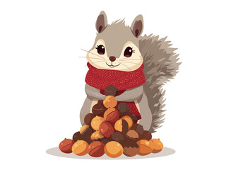 Grey Furry Squirrel with Knitted Scarf and a Pile of Nuts Illustration