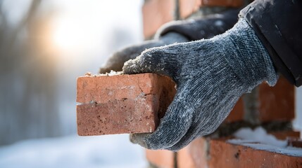 Person wearing knitted gloves places a red clay block while constructing a wall outdoors in winter