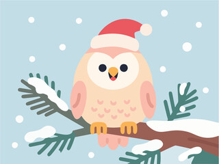 Smiling Pastel Owl Illustration with Santa Hat on a Snowy Branch