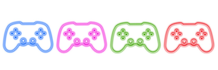 Four colorful neon game controllers in a row © Moynul Haque