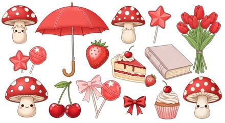 Collection of red sweet treats and objects isolated on white background