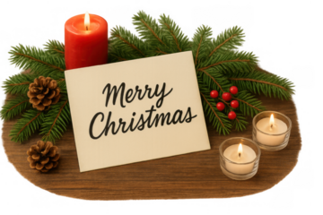 Merry christmas card on wooden tray with burning candles, fir branches, pine cones, and red berries