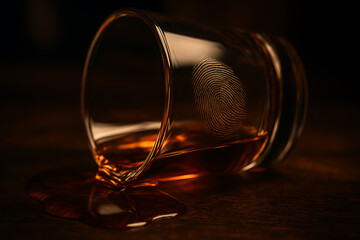 Spilled whiskey glass on dark wooden surface alcohol addiction concept, dramatic close up of liquor drink accident, substance abuse symbolism, nightlife danger, broken habits, risky lifestyle behavior