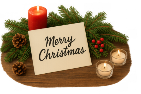 Merry christmas card on wooden tray with burning candles, fir branches, pine cones, and red berries