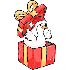 Cute Christmas Goose in Gift Box Clipart, Holiday Present Illustration, PNG Transparent Background
