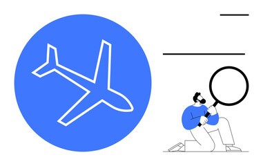 Airplane inside a blue circle with a person kneeling and examining using magnifying glass. Ideal for travel insights, aviation, safety checks, analysis, navigation, discovery, logistics. Simple flat