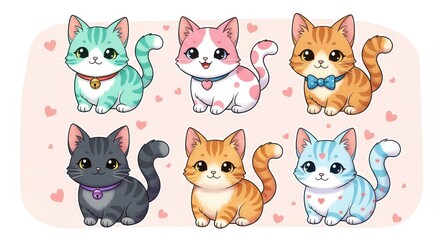 Cute cartoon cats with colorful collars and bows