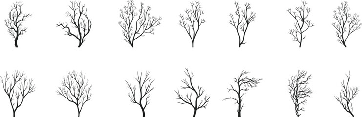 Set of bare tree branch silhouettes in various natural shapes. Winter or autumn tree vectors ideal for design, illustration, and landscape art. Realistic and minimalist tree graphics.