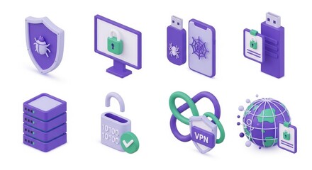 Cybersecurity icons shield, computer, usb, phone, server, lock, vpn, globe