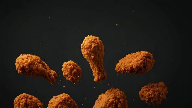 Crispy fried chicken pieces scattered across a dark background with small pieces of breadcrumbs and crispy fried flour flakes rotating slowly in mid air