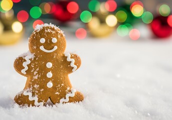 Smiling gingerbread man cookie on snow with colorful Christmas lights