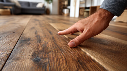 Hand touching hardwood floor in cozy living room, warm texture and welcoming feeling