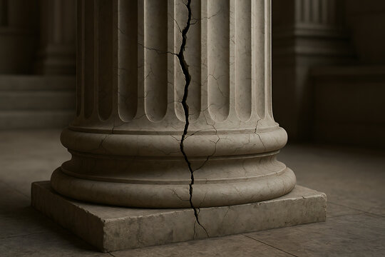 Cracked marble pillar in courthouse interior symbolizing broken justice corruption and collapse of legal foundation, ancient architecture concept of instability power erosion, symbolic law and democra