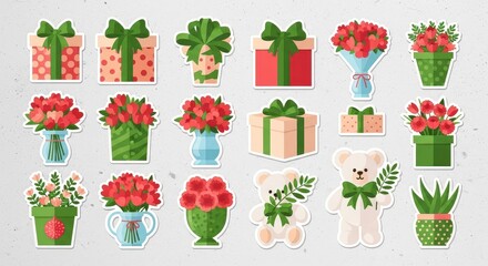 Gifts and flowers isolated on white background