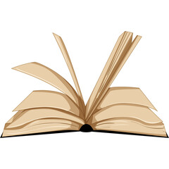 Open Book with Aged Pages and Pages Fluttering in the Air on a Transparent Background