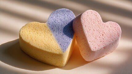 Two porous heart shaped cleaning implements rest side by side in warm daylight