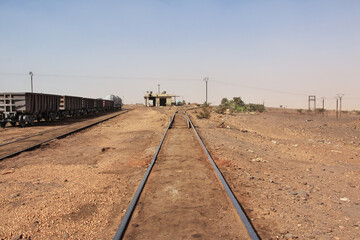 Railway station of Zouerate. Mauritania Desert train, Train du Desert, The vintage train in Sahara desert, that crosses between Zouerate and Nouadhibou.