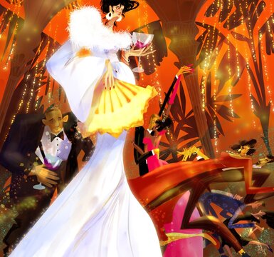 Elegant Woman in White Dress with Dancing Crowd Behind
