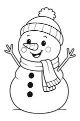 Happy Cartoon Snowman with Hat and Scarf Line Art