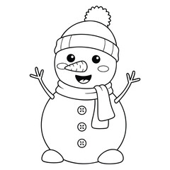 Happy Cartoon Snowman with Hat and Scarf Line Art