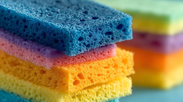 Stacked synthetic cleaning sponges display vibrant colors with shallow depth of field