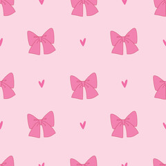 Pink bow and ribbon with heart hand drawn seamless pattern background for celebration, festival, wallpaper and wrapping