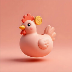 Cute 3D chicken-shaped piggy bank with a golden dollar coin on a soft pink background, symbolizing finance, savings, investment, and money management in a playful and minimal style.